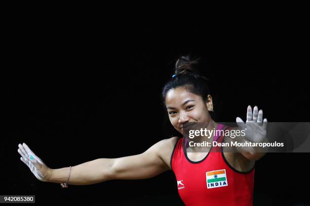 Gold medalist, Chanu Saikhom Mirabai of India competes during the Weightlifting Women's 48kg Final on day one of the Gold Coast 2018 Commonwealth...