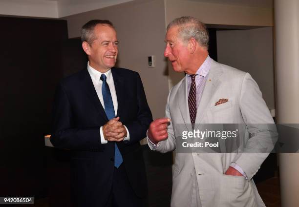 Prince Charles, Prince of Wales talks to the Australian Leader of the Opposition, Bill Shorten at the Sheraton Grand Mirage Resort on April 5, 2018...