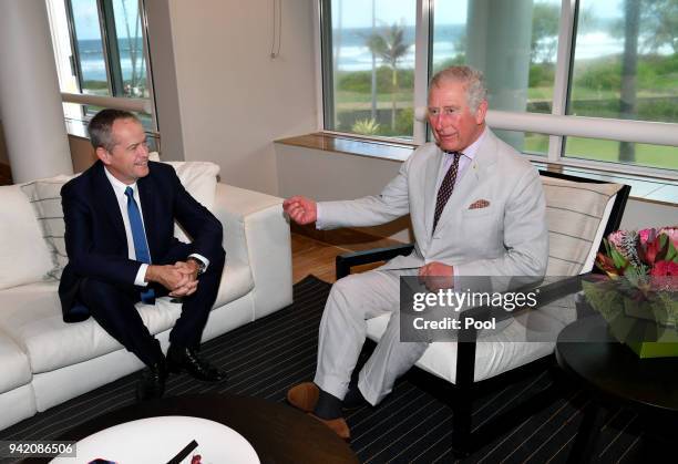 Prince Charles, Prince of Wales talks to the Australian Leader of the Opposition, Bill Shorten at the Sheraton Grand Mirage Resort on April 5, 2018...