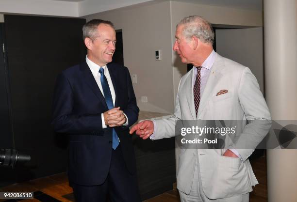 Prince Charles, Prince of Wales talks to the Australian Leader of the Opposition, Bill Shorten at the Sheraton Grand Mirage Resort on April 5, 2018...