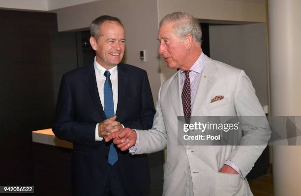 Prince Charles, Prince of Wales talks to the Australian Leader of the Opposition, Bill Shorten at the Sheraton Grand Mirage Resort on April 5, 2018...