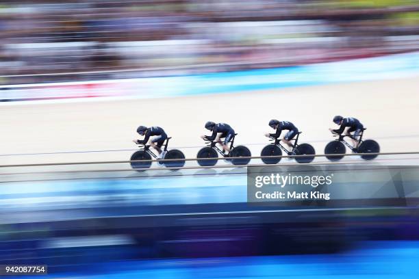 New Zealand compete in the Men's 4000m Team Pursuit Qualifying during the Track Cycling on day one of the Gold Coast 2018 Commonwealth Games at Anna...