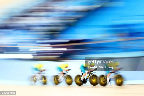 Australia compete in the Men's 4000m Team Pursuit Qualifying during the Track Cycling on day one of the Gold Coast 2018 Commonwealth Games at Anna...