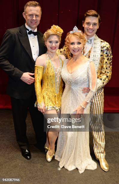 Cast members Tom Lister, Clare Halse, Lulu and Ashley Day pose backstage at the "42nd Street" 1st Anniversary Gala Performance featuring new cast...