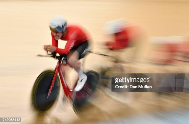 Wales compete in the Cycling Track Men's 4000m Team Pursuit on day one of the Gold Coast 2018 Commonwealth Games at the Anna Meares Velodrome on...