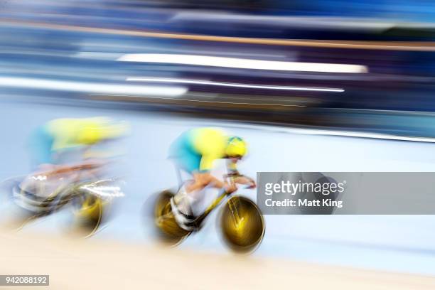 Australia compete in the Men's Team Sprint Qualifying during the Track Cycling on day one of the Gold Coast 2018 Commonwealth Games at Anna Meares...