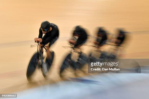 New Zealand compete in the Cycling Track Men's 4000m Team Pursuit on day one of the Gold Coast 2018 Commonwealth Games at the Anna Meares Velodrome...