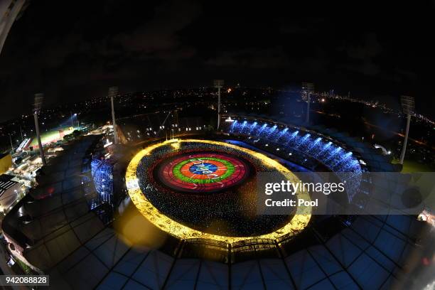 View of the 2018 Commonwealth Games Opening Ceremony at Carrara Stadium on April 4, 2018 in Gold Coast, Australia. The Prince of Wales and Duchess of...