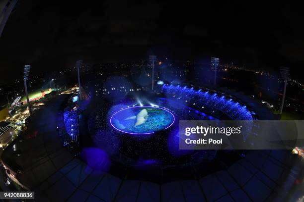 View of the 2018 Commonwealth Games Opening Ceremony at Carrara Stadium on April 4, 2018 in Gold Coast, Australia. The Prince of Wales and Duchess of...