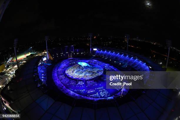 View of the 2018 Commonwealth Games Opening Ceremony at Carrara Stadium on April 4, 2018 in Gold Coast, Australia. The Prince of Wales and Duchess of...