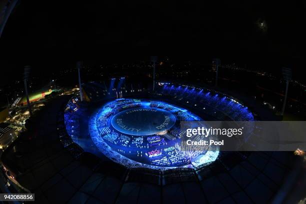 View of the 2018 Commonwealth Games Opening Ceremony at Carrara Stadium on April 4, 2018 in Gold Coast, Australia. The Prince of Wales and Duchess of...