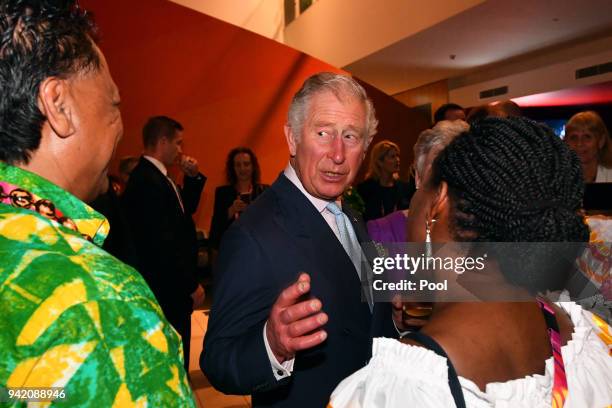 Prince Charles, Prince of Wales greets delegates during a Welcome to the 2018 Commonwealth Games Reception at Carrara Stadium on April 4, 2018 in...