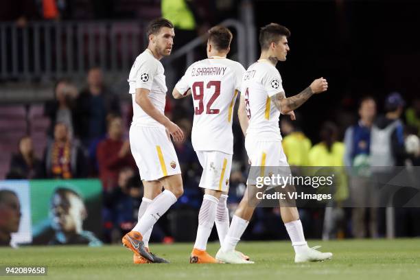 Kevin Strootman of AS Roma, Stephan El Shaarawy of AS Roma, Diego Perotti of AS Roma during the UEFA Champions League quarter final match between FC...