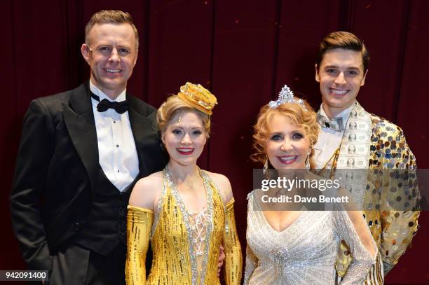 Cast members Tom Lister, Clare Halse, Lulu and Ashley Day pose backstage at the "42nd Street" 1st Anniversary Gala Performance featuring new cast...