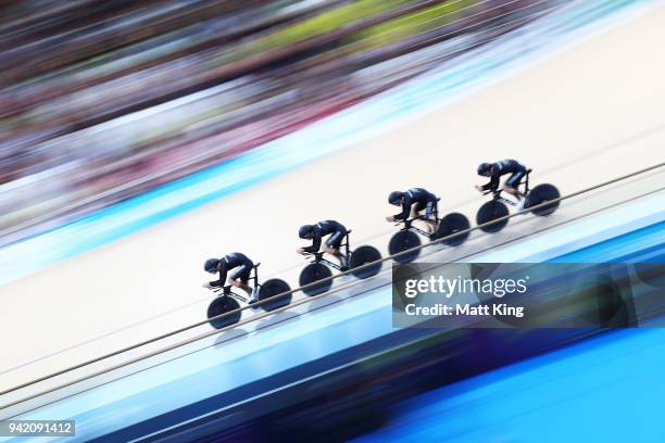 New Zealand compete in the Men's 4000m Team Pursuit Qualifying during the Track Cycling on day one of the Gold Coast 2018 Commonwealth Games at Anna...