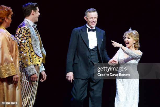 Jasna Ivir, Ashley Day, Tom Lister and Lulu bow onstage during the curtain call at the "42nd Street" 1st Anniversary Gala Performance featuring new...