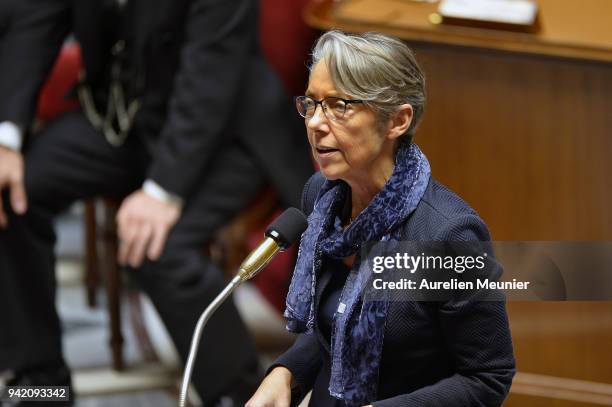 French Transports Minister Elisabeth Borne answers deputies during the weekly session of questions to the government at Assemblee Nationale on April...