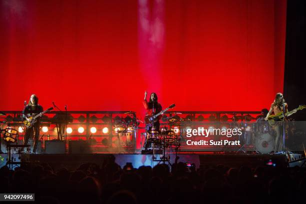 Musicians Alana Haim, Danielle Haim, and Este Haim of the band Haim perform at WaMu Theater on April 4, 2018 in Seattle, Washington.