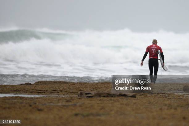 Mick Fanning prepares to compete in the fourth round of the Rip Curl Pro Bells Beach at Bells Beach on April 3, 2018 in Melbourne, Australia.