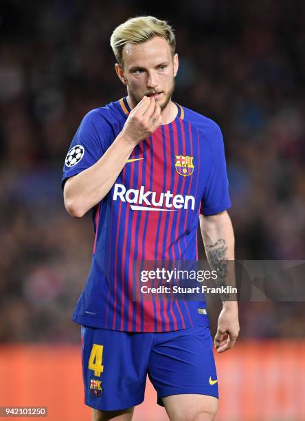 Ivan Rakitic of Barcelona reacts during the quarter final first leg UEFA Champions League match between FC Barcelona and AS Roma at Camp Nou on April...