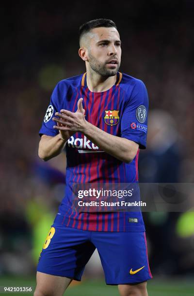 Jordi Alba of Barcelona reacts during the quarter final first leg UEFA Champions League match between FC Barcelona and AS Roma at Camp Nou on April...