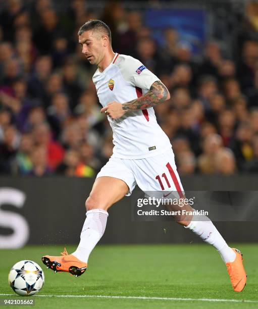 Aleksandar Kolarov of Roma in action during the quarter final first leg UEFA Champions League match between FC Barcelona and AS Roma at Camp Nou on...