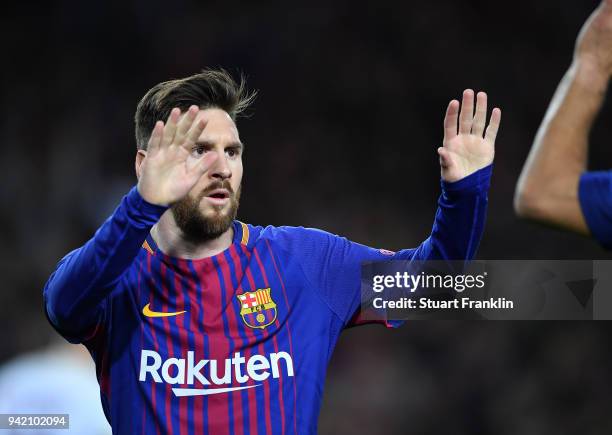 Lionel Messi of Barcelona celebrates during the quarter final first leg UEFA Champions League match between FC Barcelona and AS Roma at Camp Nou on...