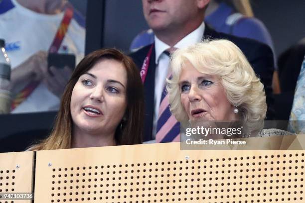 Camilla, Duchess of Cornwall and Anna Meares in discussion during the Cycling on day one of the Gold Coast 2018 Commonwealth Games at Anna Meares...