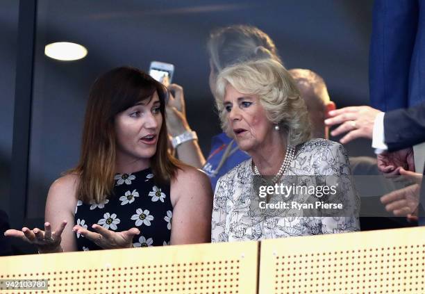 Camilla, Duchess of Cornwall and Anna Meares in discussion during the Cycling on day one of the Gold Coast 2018 Commonwealth Games at Anna Meares...