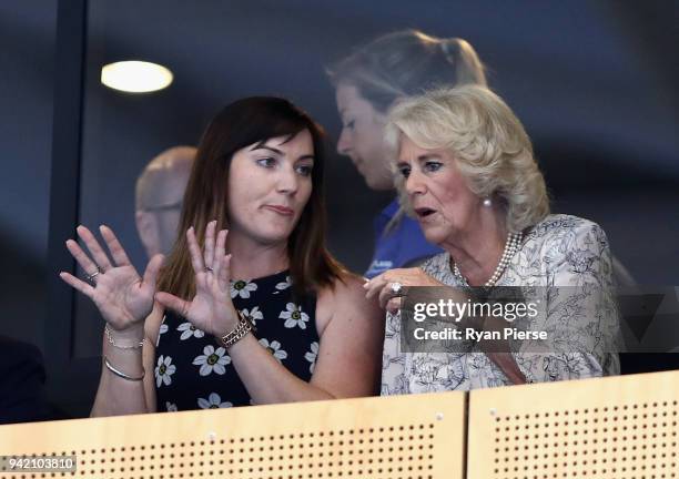 Camilla, Duchess of Cornwall and Anna Meares in discussion during the Cycling on day one of the Gold Coast 2018 Commonwealth Games at Anna Meares...