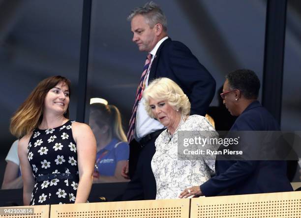 Camilla, Duchess of Cornwall and Anna Meares in take their seats during the Cycling on day one of the Gold Coast 2018 Commonwealth Games at Anna...