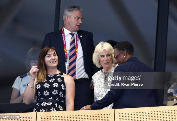 Camilla, Duchess of Cornwall and Anna Meares in take their seats during the Cycling on day one of the Gold Coast 2018 Commonwealth Games at Anna...