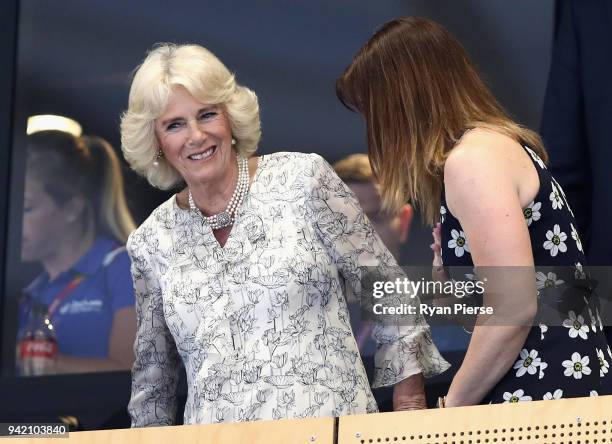 Camilla, Duchess of Cornwall and Anna Meares in take their seats during the Cycling on day one of the Gold Coast 2018 Commonwealth Games at Anna...