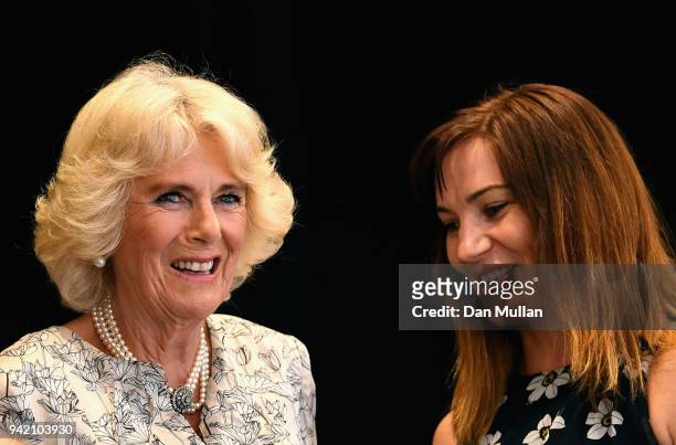 Camilla, Duchess of Cornwall and Anna Meares in discussion during the Cycling on day one of the Gold Coast 2018 Commonwealth Games at Anna Meares...