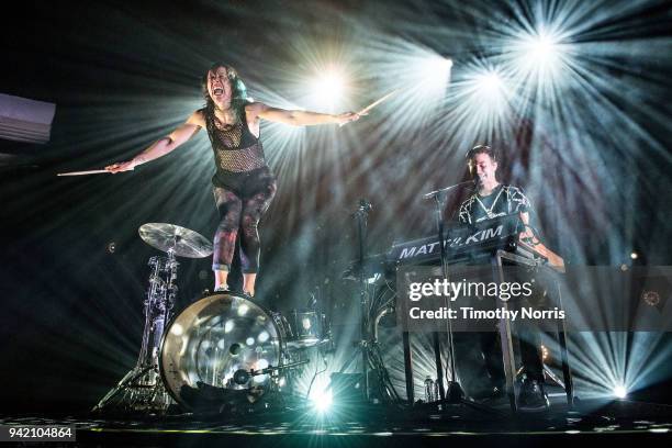 Kim Schifino and Matt Johnson of Matt and Kim perform at Hollywood Palladium on April 4, 2018 in Los Angeles, California.