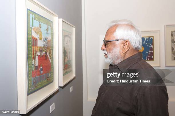 Manu Parekh during an ongoing exhibition 'Hashiya - The Margin' by Anant Art Gallery at Bikaner House, on March 30, 2018 in New Delhi, India. The...