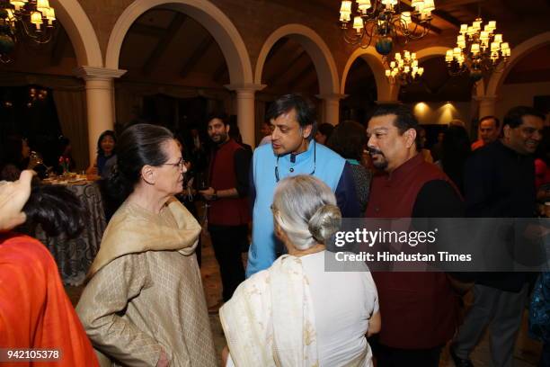 Former Delhi Chief Minister Sheila Dixit, UPA chairperson Sonia Gandhi, Congress leader Shashi Tharoor and journalist Vir Sanghvi during the launch...