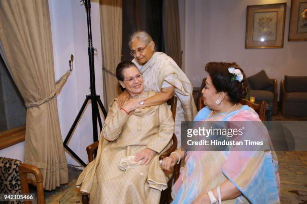 Former Delhi Chief Minister Sheila Dixit, UPA chairperson Sonia Gandhi, and Madhavi Raje Scindia during the launch of senior journalist, columnist...
