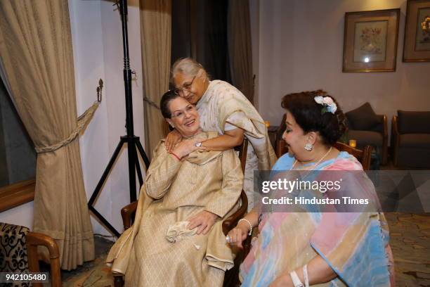 Former Delhi Chief Minister Sheila Dixit, UPA chairperson Sonia Gandhi, and Madhavi Raje Scindia during the launch of senior journalist, columnist...