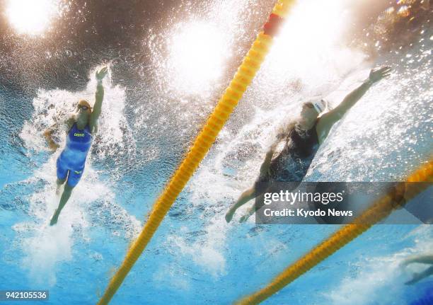 Katie Ledecky of the United States competes in the women's 400-meter freestyle heats at the world swimming championships in Budapest on July 23,...