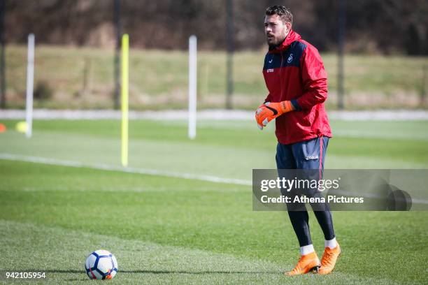Kristoffer Nordfeldt in action during the Swansea City Training at The Fairwood Training Ground on April 4, 2018 in Swansea, Wales.