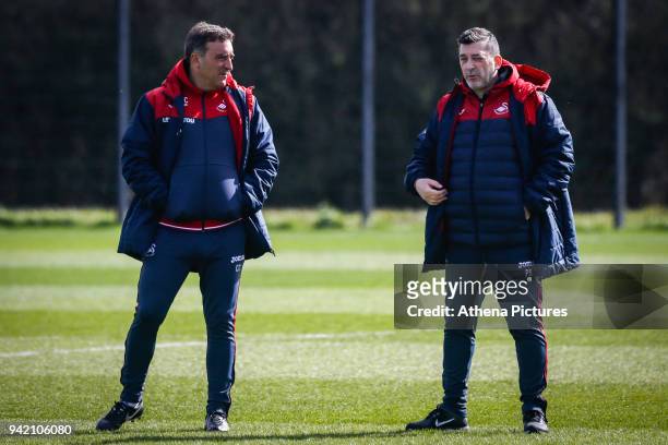 Swansea City manager Carlos Carvalhal watch his players train during the Swansea City Training at The Fairwood Training Ground on April 4, 2018 in...