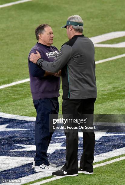 Head coach Bill Belichick of the New England Patriots shakes hand with head coach head coach Doug Pederson of the Philadelphia Eagles prior to the...