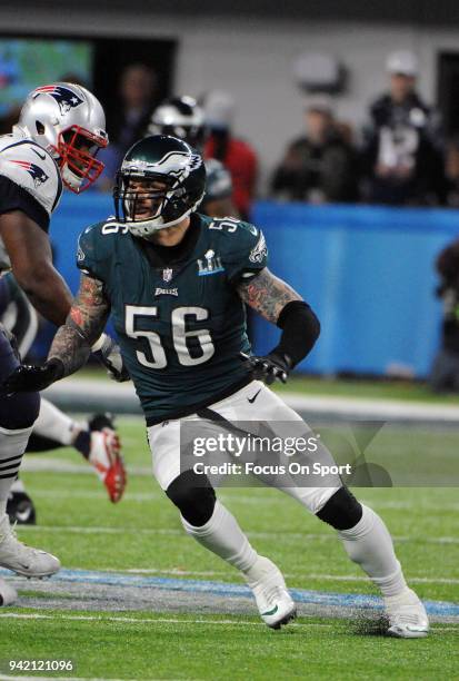 Chris Long of the Philadelphia Eagles in action against the New England Patriots during Super Bowl LII at U.S. Bank Stadium on February 4, 2018 in...