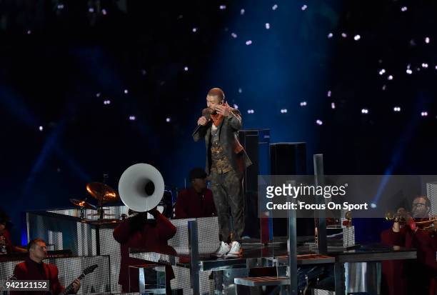 Recording artist Justin Timberlake performs on stage during the Pepsi Super Bowl LII Halftime Show at U.S. Bank Stadium on February 4, 2018 in...