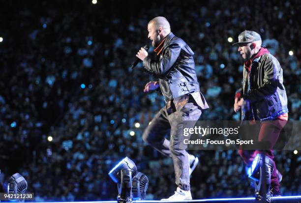 Recording artist Justin Timberlake performs on stage during the Pepsi Super Bowl LII Halftime Show at U.S. Bank Stadium on February 4, 2018 in...