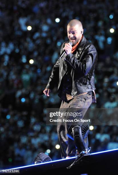 Recording artist Justin Timberlake performs on stage during the Pepsi Super Bowl LII Halftime Show at U.S. Bank Stadium on February 4, 2018 in...