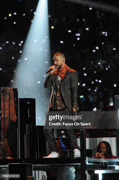 Recording artist Justin Timberlake performs on stage during the Pepsi Super Bowl LII Halftime Show at U.S. Bank Stadium on February 4, 2018 in...