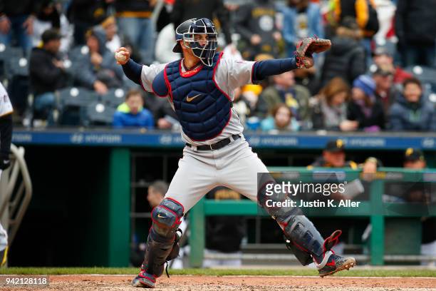 Jason Castro of the Minnesota Twins in action against the Pittsburgh Pirates during inter-league play at PNC Park on April 2, 2018 in Pittsburgh,...