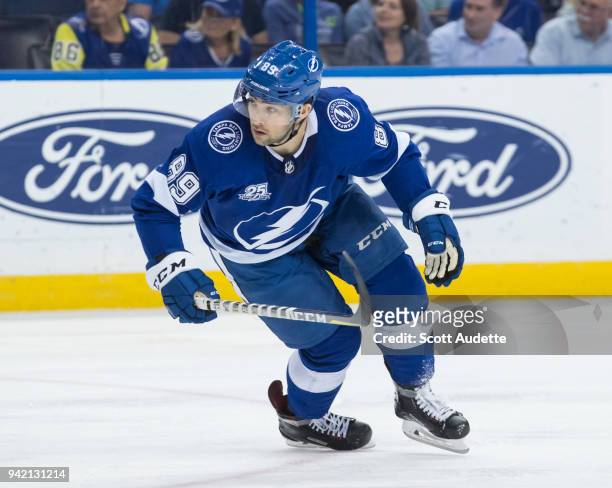 Cory Conacher of the Tampa Bay Lightning skates against the Boston Bruins during the first period at Amalie Arena on April 3, 2018 in Tampa, Florida....